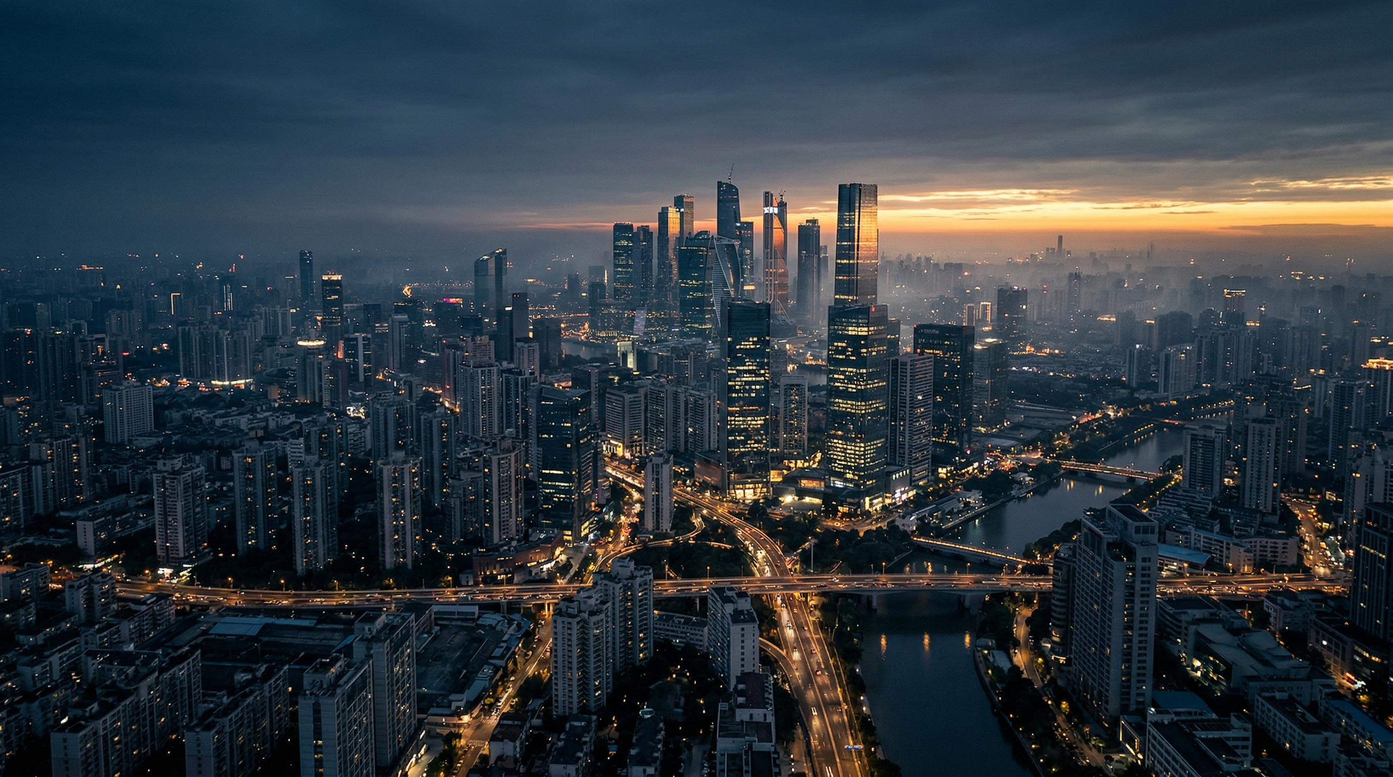 Aerial view of a global metropolitan skyline at twilight