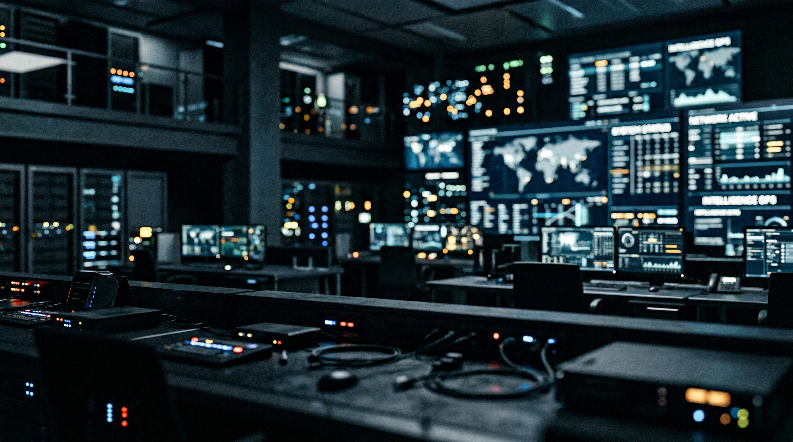 Intelligence operations command center with digital displays